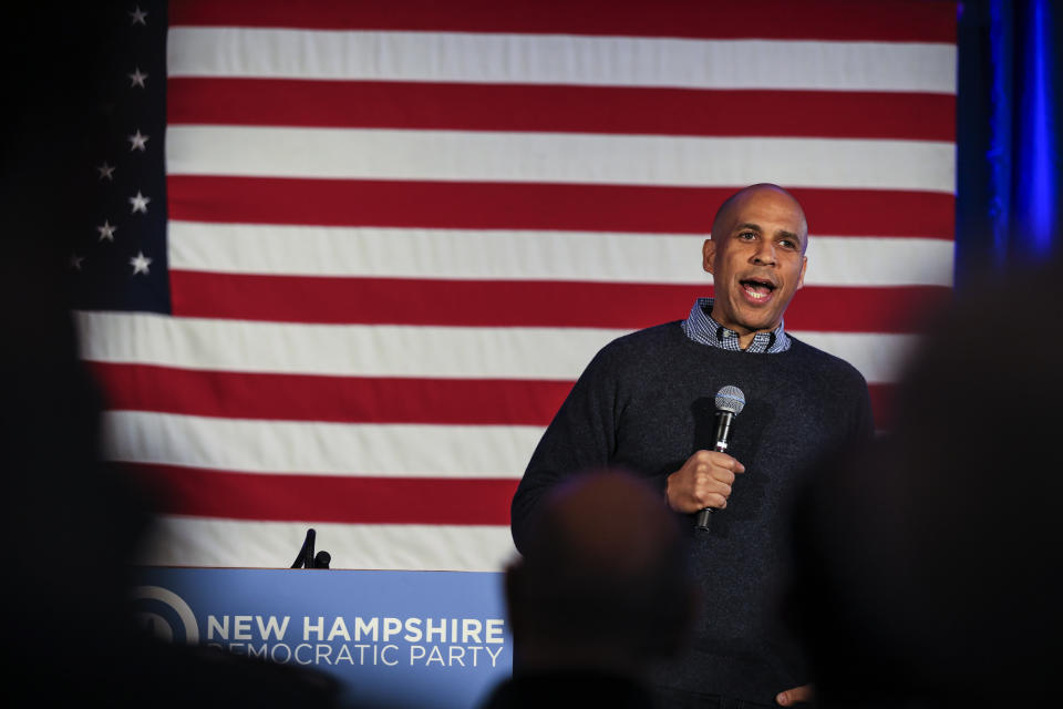 CORRECTS TO SATURDAY, NOT SUNDAY-U.S. Sen. Cory Booker, D-N.J., speaks at a post-midterm election victory celebration in Manchester, N.H., on Saturday, Dec. 8, 2018. (AP Photo/Cheryl Senter)