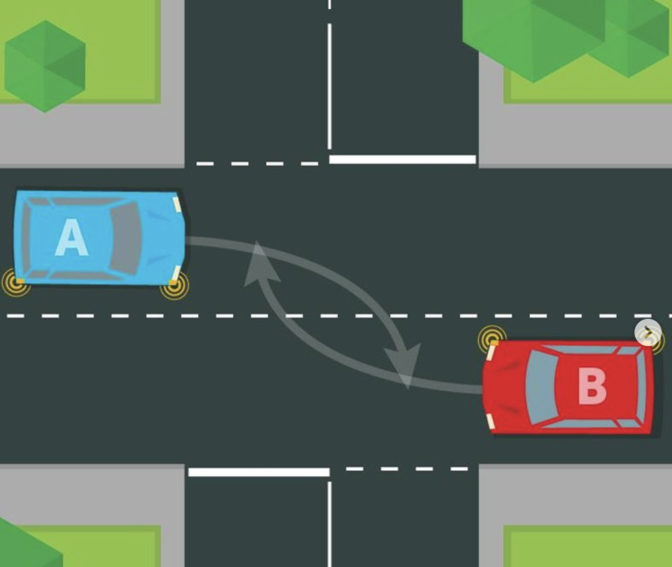 Two cars are pictured at an intersection.