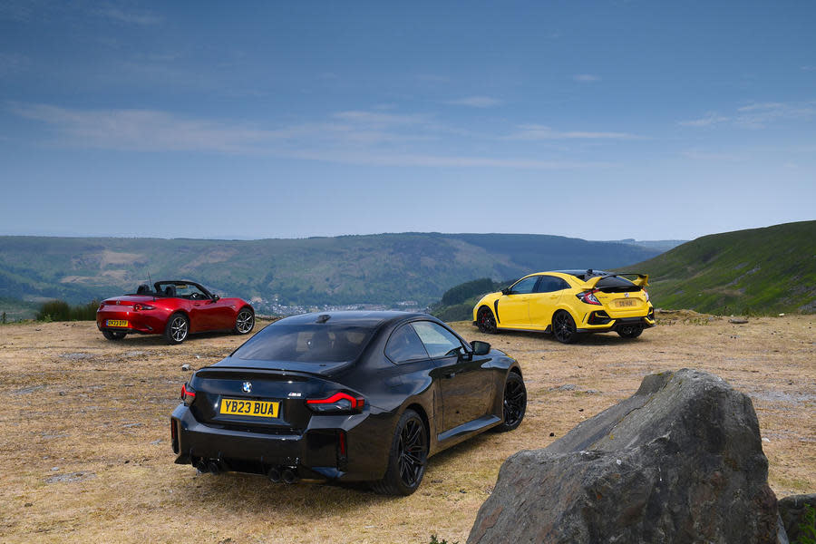 Honda Civic Type R, BMW M2 and Mazda MX-5 parked – rear