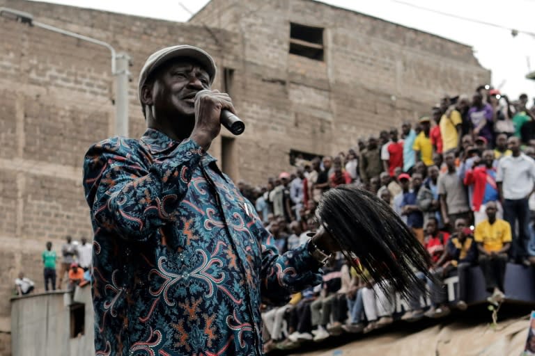 Kenya's opposition leader Raila Odinga speaks to supporters in the Mathare district of Nairobi, on August 13, 2017