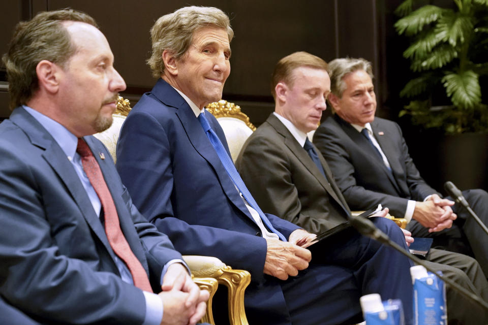 From left, Daniel Rubinstein, United States Charge d'Affaires to the Arab Republic of Egypt, U.S. Special Presidential Envoy for Climate John Kerry, White House national security adviser Jake Sullivan, and Secretary of State Antony Blinken listen during a meeting between President Joe Biden and Egyptian President Abdel Fattah el-Sisi, not pictured, at the COP27 U.N. Climate Summit, Friday, Nov. 11, 2022, at Sharm el-Sheikh, Egypt. (AP Photo/Alex Brandon)