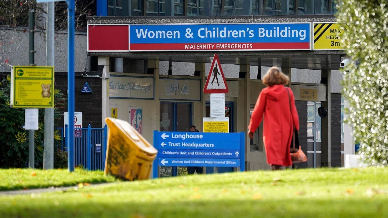 A general view of the Countess of Chester Hospital in Chester, England. A sign reads "women & children's building"