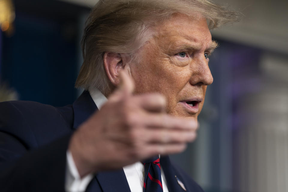 President Donald Trump speaks during a news conference at the White House, Tuesday, July 21, 2020, in Washington. (AP Photo/Evan Vucci)