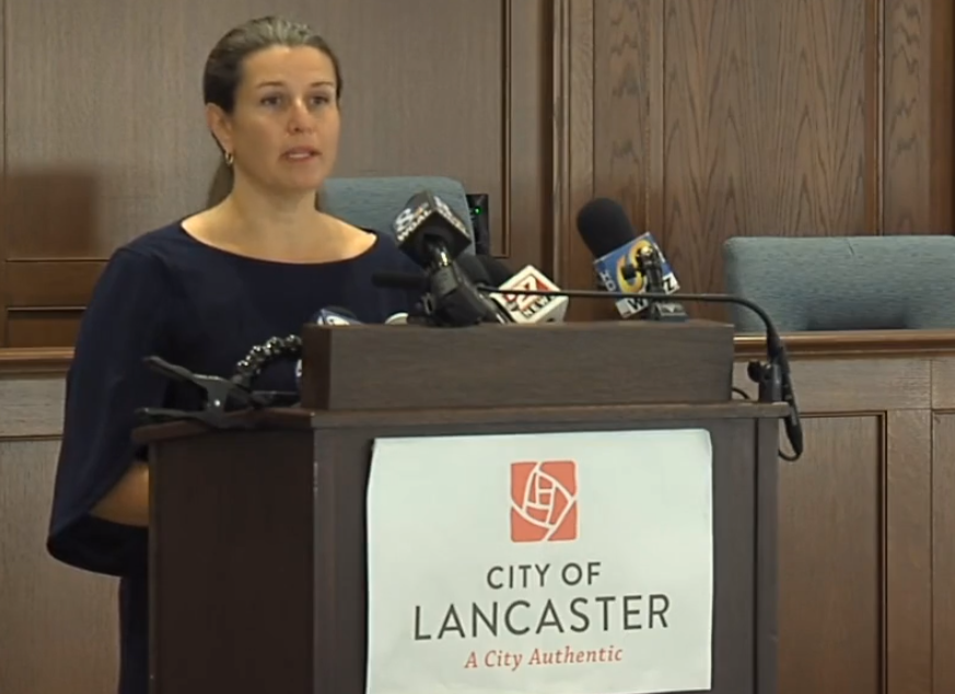 Lancaster Mayor Danene Sorace speaks with reporters Monday, Sept. 14, 2020, in the wake of protests that erupted after a city police officer shot and killed a man who chased him with a knife.