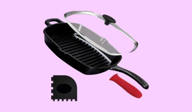 Cuisinel Pre-Seasoned Cast Iron Grill Pan with Glass Pan Lid & Pan Scraper,  10.5 