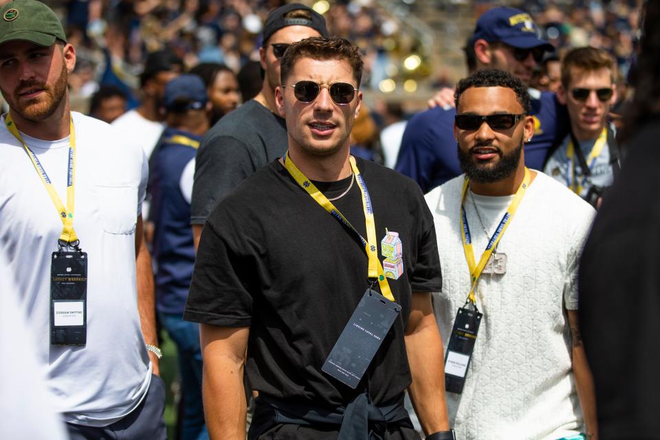 Ian Book on the sidelines during the Notre Dame Blue-Gold Spring Football game on Saturday, April 23, 2022, at Notre Dame Stadium in South Bend.