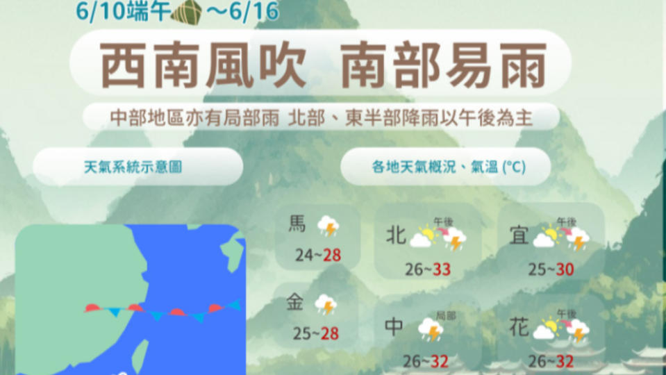 端午後天氣仍不穩定，各地仍有雨勢。中央氣象署提供