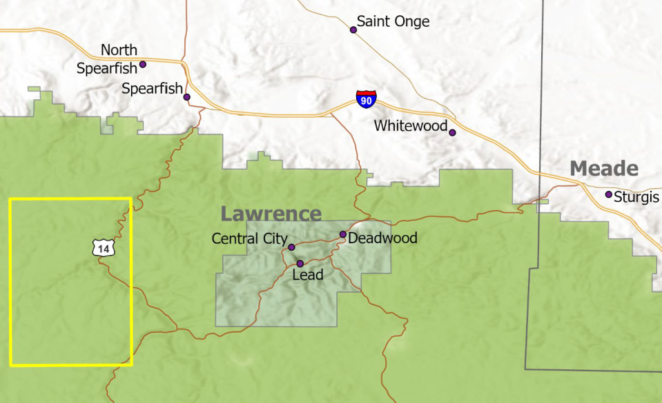 A yellow box shows the area where Solitario Resources plans to conduct exploratory drilling for gold above Spearfish Canyon. (Courtesy of U.S. Forest Service)