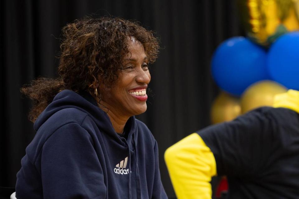 Jackie Joyner-Kersee smiles during a question-and-answer panel with regional student athletes at the Jackie Joyner-Kersee Community Center in East St. Louis, Ill. on April 12, 2024, during in the Winning In Life event. Joshua Carter/Belleville News-Democrat