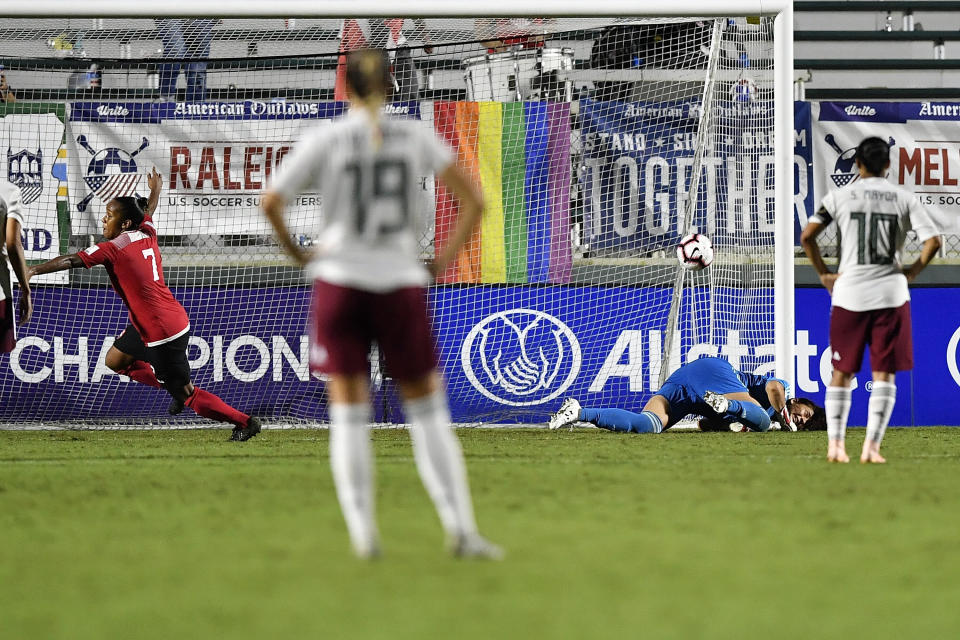 CARY, NC - OCTOBER 07: Joelle Cato #7 of Trinidad and Tobago celebrates after scoring a goal against Mexico during the soccer game at WakeMed Soccer Park on October 7, 2018 in Cary, North Carolina. (Photo by Mike Comer/Getty Images)