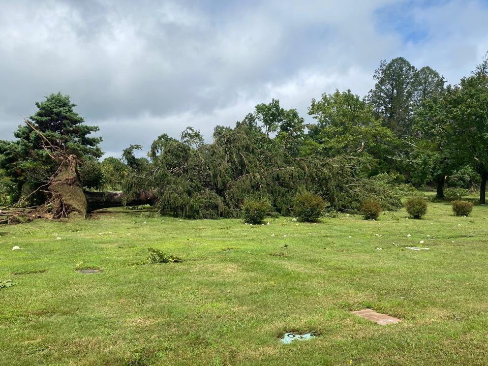 Damage from a suspected tornado at Highland Memorial Park Cemetery in Johnston, Rhode Island on Aug. 18, 2023