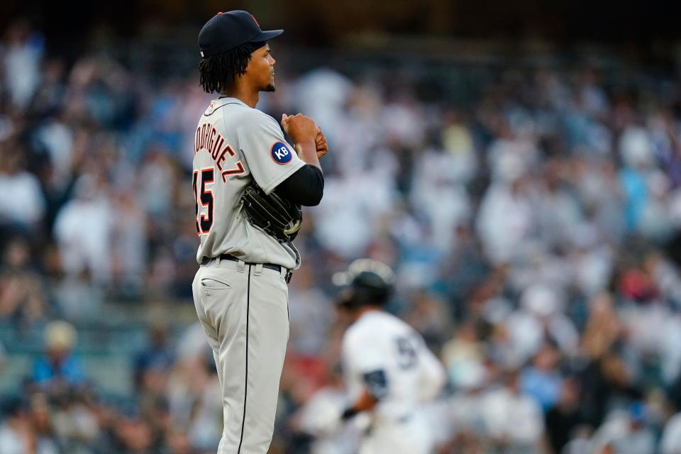 Detroit Tigers starting pitcher Elvin Rodriguez waits as New York Yankees' Aaron Judge runs the bases after hitting a home run during the third inning at Yankee Stadium in New York on Friday, June 3, 2022.