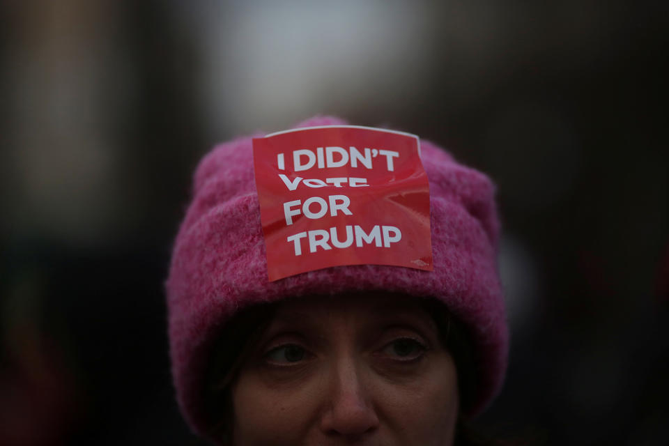 A demonstrator is seen during a protest against U.S. President Donald Trump in Madrid