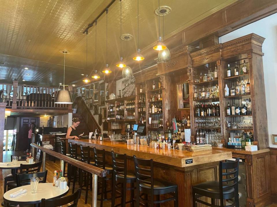Skylark’s Hidden Cafe’s antique wooden bar area in Bellingham, Wash. on Friday, Aug. 4, 2023.