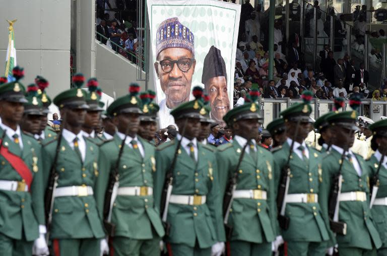 Soldiers march during the inauguration of new Nigerian president at the Eagles Square in Abuja, on May 29, 2015