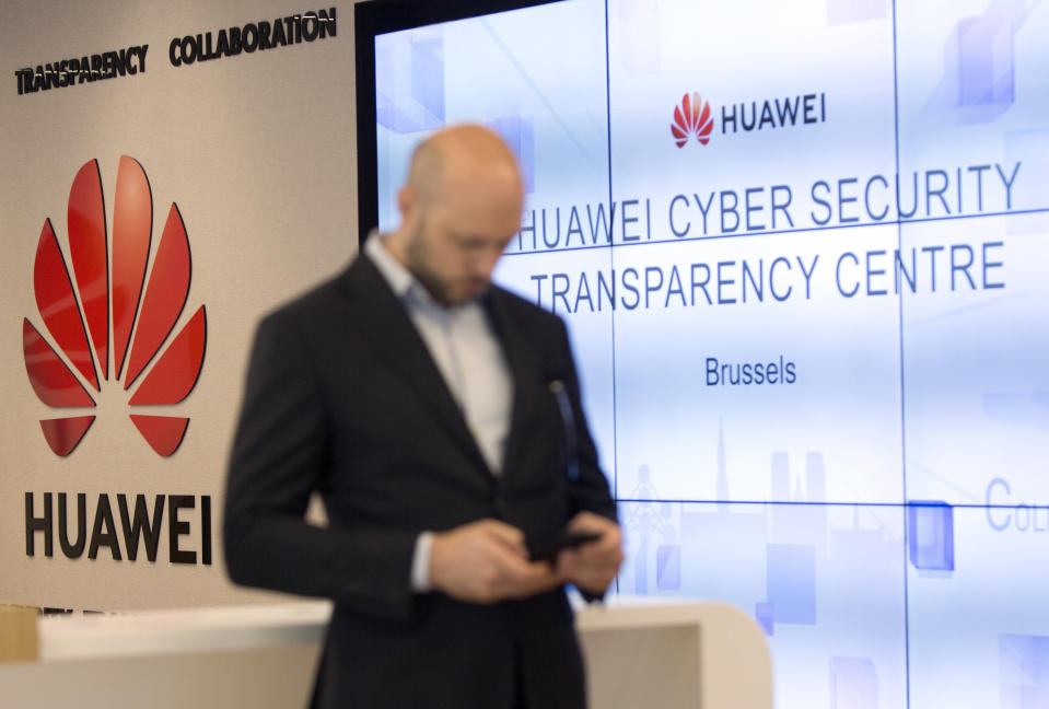 The Huawei logo during a DigitALL lunch talk in Brussels in May. (Photo: Virginia Mayo/AP)