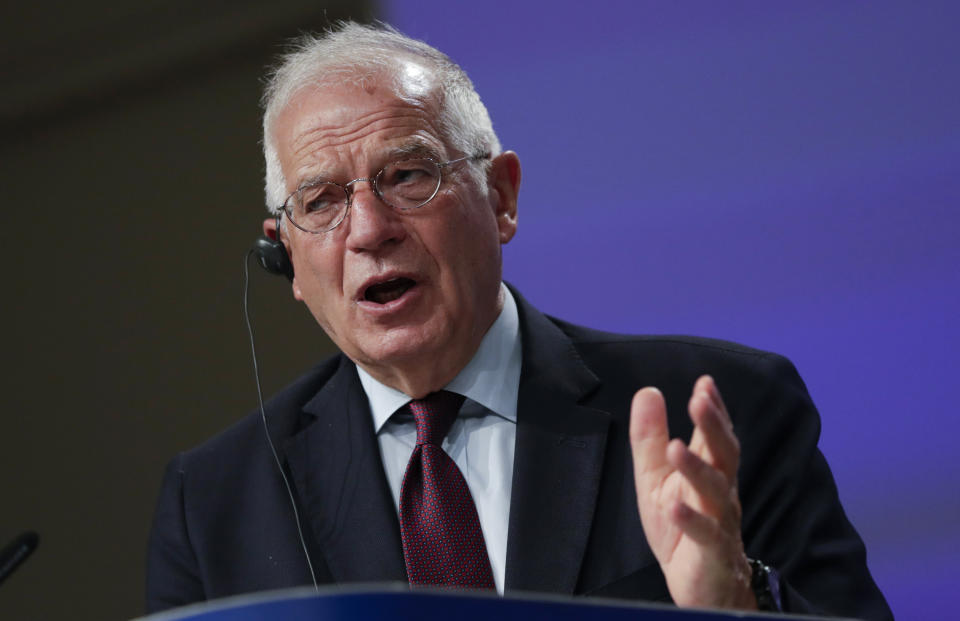 European Union foreign policy chief Josep Borrell addresses a video press conference at EU headquarters in Brussels, Tuesday, June 2, 2020. The European Union's top diplomat Josep Borrell on Tuesday said the death of George Floyd was the result of an abuse of power and that the 27-nation bloc is "shocked and appalled" by it. (Olivier Hoslet, Pool Photo via AP)