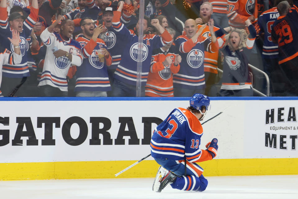 Mattias Janmark celebrates after scoring one of the Oilers' eight goals. (Bruce Bennett/Getty Images)