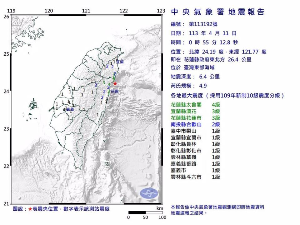 今天凌晨零時55分台灣東部海域發生芮氏規模4.9地震。（圖取自氣象署網頁）