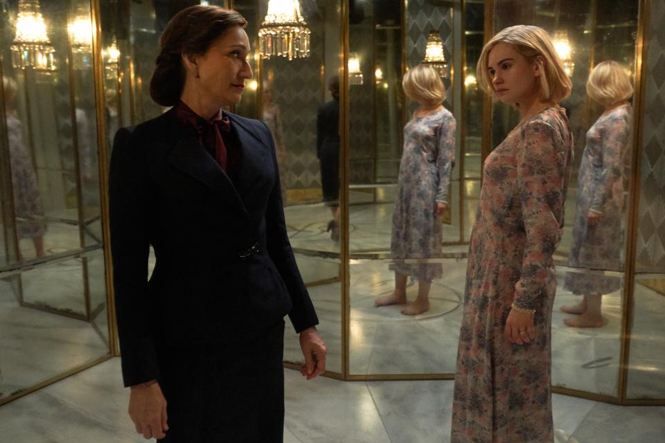 “We decided to put this kind of hall of mirrors thing in as the vestibule. It was about disorienting the character of Mrs. de Winter. We had a two way mirror to shoot through, and for that final scene between her and Mrs. Danvers, in my mind you couldn’t get a bad shot,” says Greenwood.