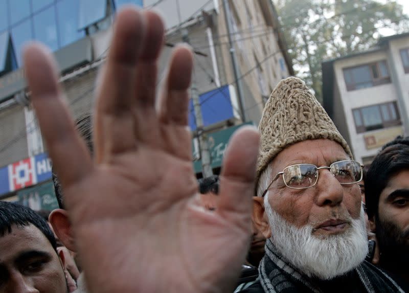 Geelani, chairman of the hardliner faction of Kashmir's All Parties Hurriyat Conference, talks to the media in Srinagar