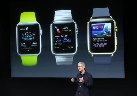 Apple CEO Tim Cook stands in front of a screen displaying apps available for the Apple Watch at a presentation at Apple headquarters in Cupertino, California in this file photo taken on October 16, 2014. REUTERS/Robert Galbraith