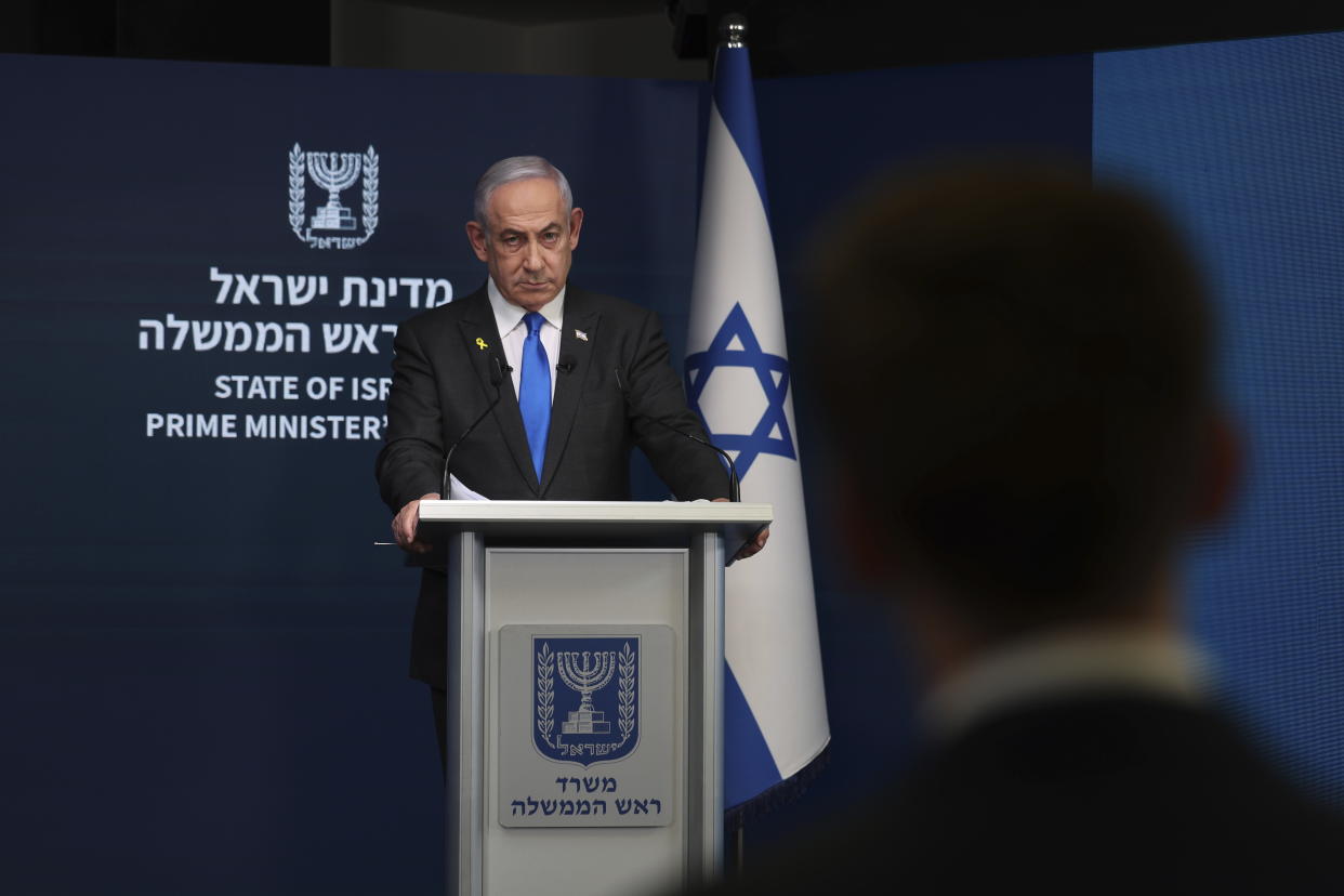 Israeli Prime Minister Benjamin Netanyahu during a press conference at the Government Press office in Jerusalem, Wednesday, Sept. 4, 2024. (Abir Sultan/Pool via AP)