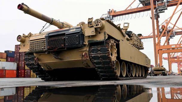 PHOTO: FILE - A M1A2 Abrams battle tank of the US army that will be used for military exercises by the 2nd Armored Brigade Combat Team, is pictured at the Baltic Container Terminal in Gdynia, Dece. 03, 2022. (Mateusz Slodkowski/AFP via Getty Images, FILE)