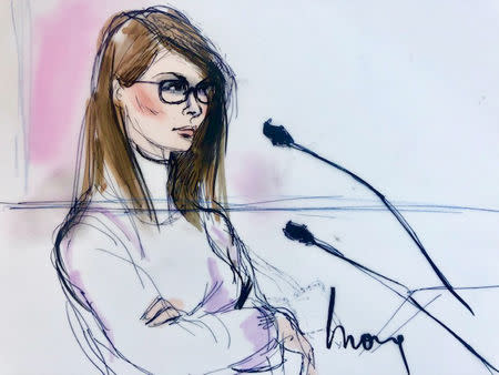 Actor Lori Loughlin appears in this court sketch at a hearing for a racketeering case involving the allegedly fraudulent admission of children to elite universities, at the U.S. federal courthouse in downtown Los Angeles, California, U.S., March 13, 2019. REUTERS/Mona Shafer Edwards