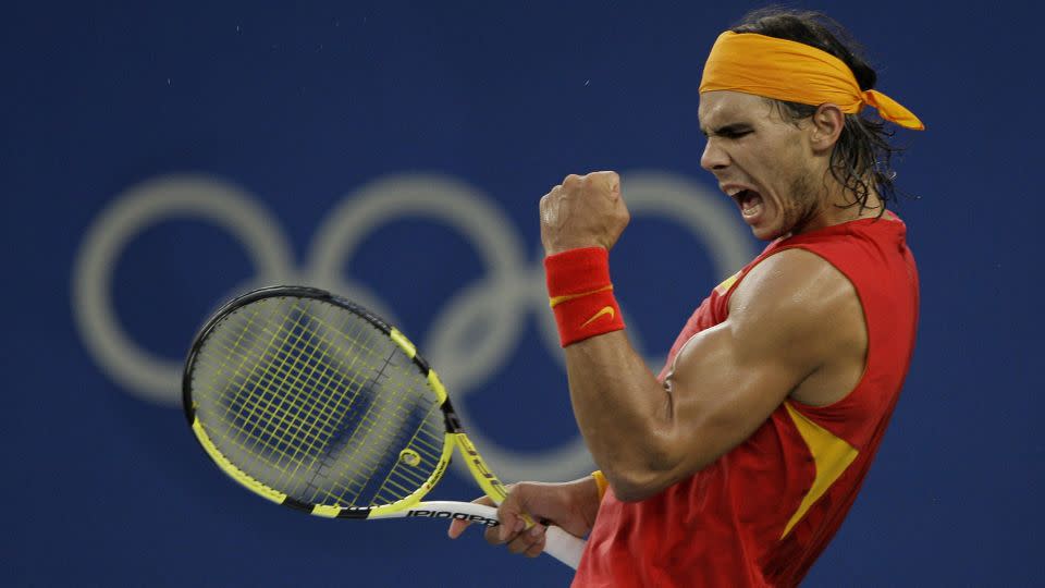 Nadal celebrates during the final of the men's singles competition at the Beijing Olympics. - Elise Amendola/AP