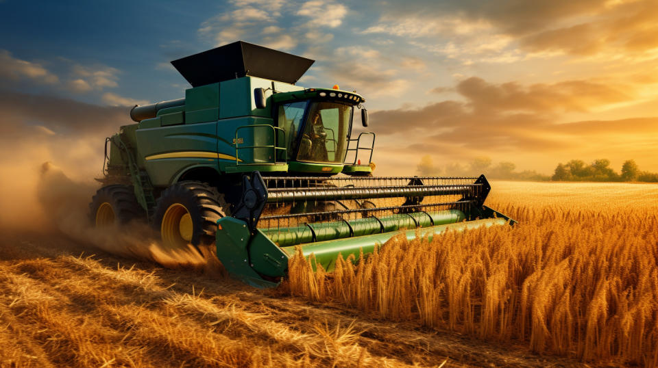 A combine harvesting crops, showing the capabilities of the company's agriculture equipment.