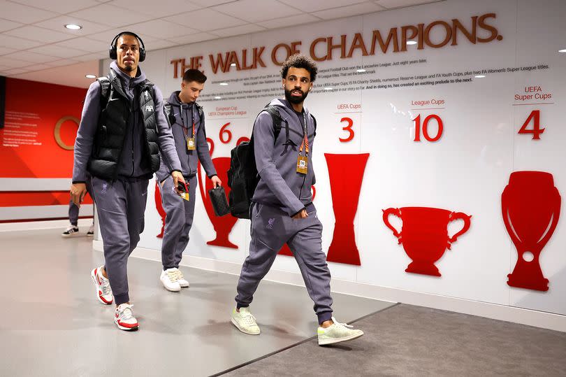 LIVERPOOL, ENGLAND - APRIL 11: Virgil van Dijk and Mohamed Salah of Liverpool arrive at the stadium prior to the UEFA Europa League 2023/24 Quarter-Final first leg match between Liverpool FC and Atalanta at Anfield on April 11, 2024 in Liverpool, England. (Photo by Jan Kruger - UEFA/UEFA via Getty Images)