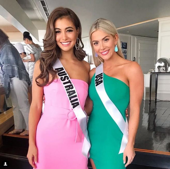 Australia’s Miss Universe competitor Francesca Hung with Miss USA. Photo: Instagram/francesca.hung