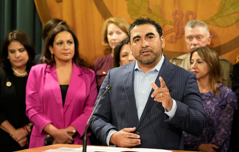 Rep. Armando Walle, D - Houston, speaks against border bills at a news conference with members of the Mexican American Legislative Caucus at the Capitol on Wednesday October 25, 2023.