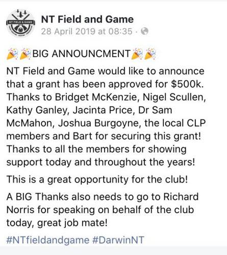 A Facebook post by the NT Field and Game Association announcing the $500,000 grant, which praises a “Nigel Scullen”.