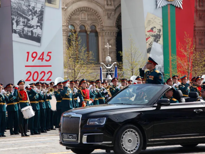 Russian officers attend a rehearsal of the Victory Day parade on May 7, 2022 in Moscow, Russia.