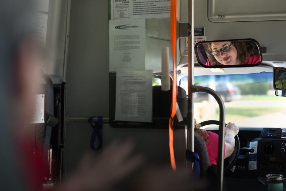 "I really do love my job. Basically I get paid to drive my friends and family around and I don't pay for gas," Clinton Transit "blue bus" driver Molly Berger exclaims Wednesday, June 14, 2023, as she talks about the joys of her job as a transit bus operator.