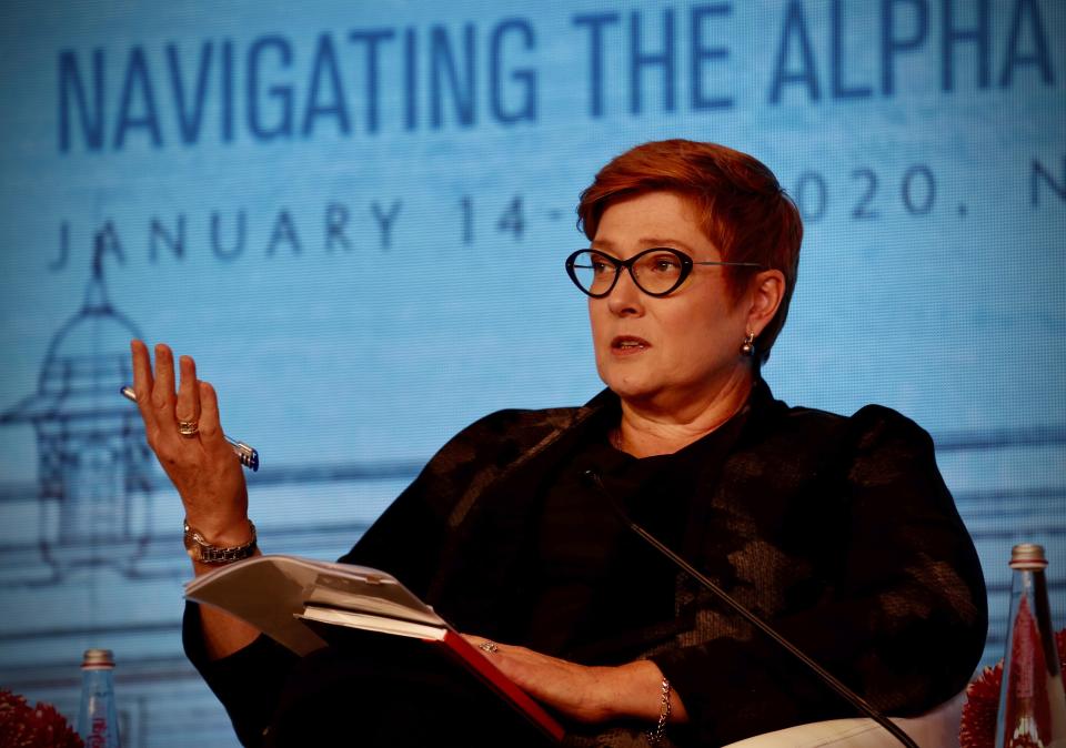 Australian Foreign Minister Marise Payne shares her views at a panel discussion during Raisina Dialogue, a global conference in New Delhi, India, Thursday, Jan. 16, 2020. (AP Photo/Manish Swarup)