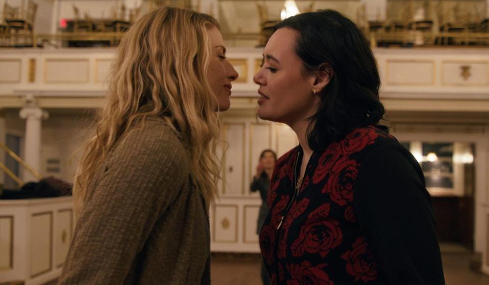 Lindsay Hicks and Rivkah Reyes about to kiss in 'A Holiday I Do'