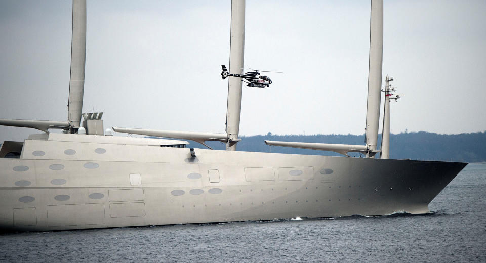 The 142.81 metre sail-assisted motor yacht 'Sailing Yacht A' passes Elsinore, North Sealand, Denmark February 6, 2017. With masts of 90 meters, a huge swimming pool and eight storeys 'Sailing Yacht A' is the world's largest sailing ship. The yacht, owned by Russian tycoon Andrey Melnichenko, was build in Kiel, Germany and is now passing through Denmark on its way to Kristiansand in Norway. SCANPIX DENMARK/ Keld Navntoft via REUTERS   ATTENTION EDITORS - THIS IMAGE WAS PROVIDED BY A THIRD PARTY. FOR EDITORIAL USE ONLY. NOT FOR SALE FOR MARKETING OR ADVERTISING CAMPAIGNS. DENMARK OUT. NO COMMERCIAL OR EDITORIAL SALES IN DENMARK. NO COMMERCIAL SALES.