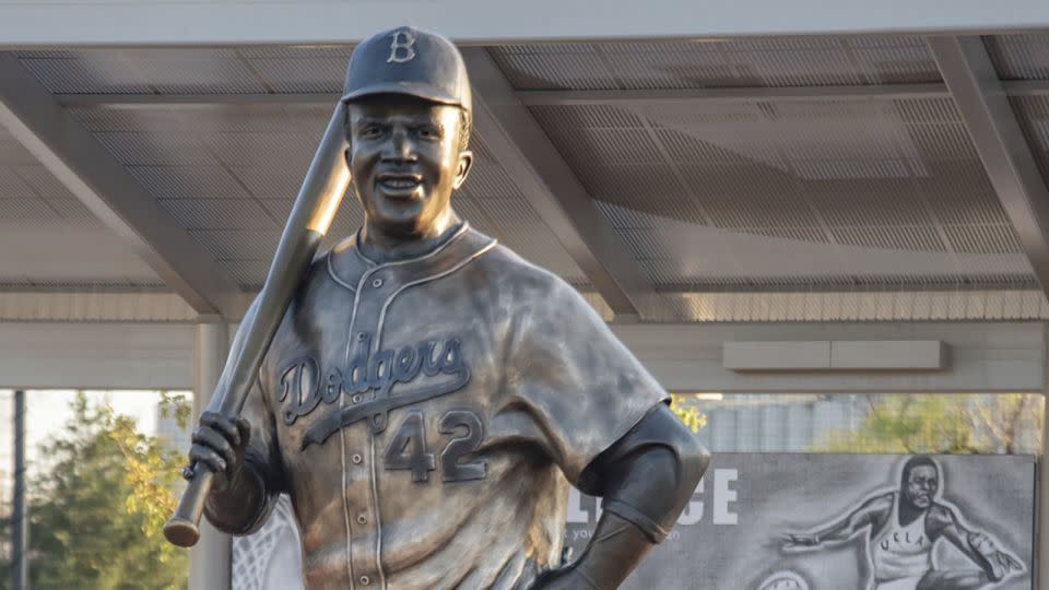 The bronze statue of baseball legend Jackie Robinson before it was cut down and stolen from a Wichita, Kansas park. - Mel Gregory/AP