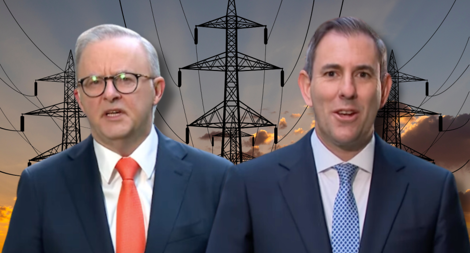 Prime Minister Anthony Albanese and Treasurer Jim Chalmers have defended giving every Aussie household $300 off their energy bills. (Source: Channel 7/Channel 9/Getty)