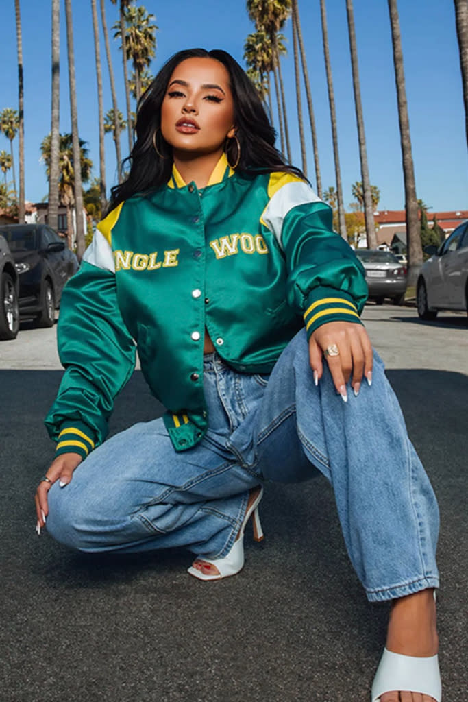 becky g, prettylittlething, green oversized inglewood bomber jacket