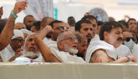 Muslim pilgrims cast their stones at a pillar symbolising the stoning of Satan during the annual haj pilgrimage in Mina