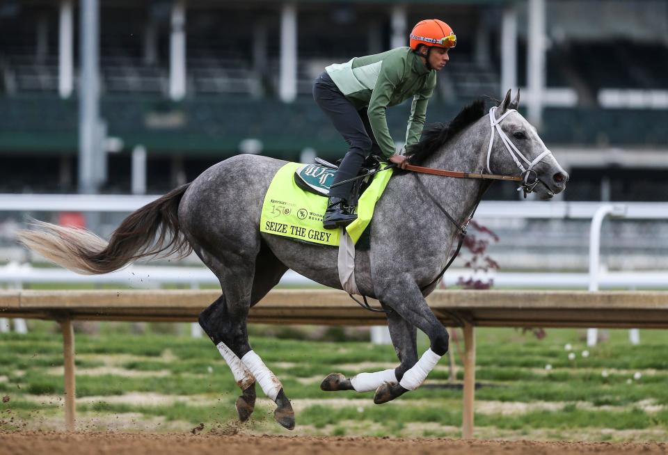 Kentucky Derby contender Seize The Grey trains at Churchill Downs April 26, 2024 in Louisville, Ky. Trainer is D. Wayne Lukas.