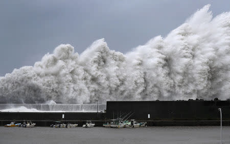 High waves triggered by Typhoon Jebi are seen at a fishing port in Aki, Kochi Prefecture, western Japan, in this photo taken by Kyodo September 4, 2018. Mandatory credit Kyodo/via REUTERS