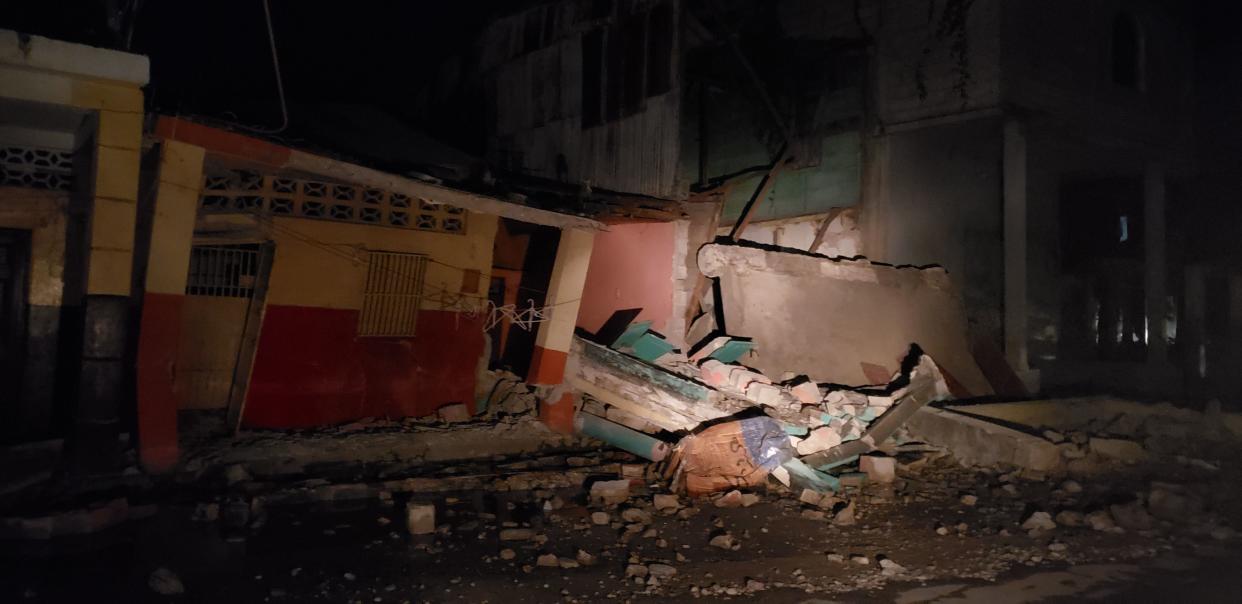 A private residence is damaged after a 7.2-magnitude earthquake in Les Cayes, Haiti, late Saturday, Aug. 14, 2021.