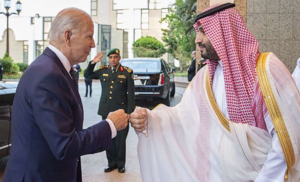 PHOTO: President Joe Biden is welcomed by Saudi Arabian Crown Prince Mohammed bin Salman at Alsalam Royal Palace in Jeddah, Saudi Arabia, July 15, 2022. (Anadolu Agency via Getty Images)