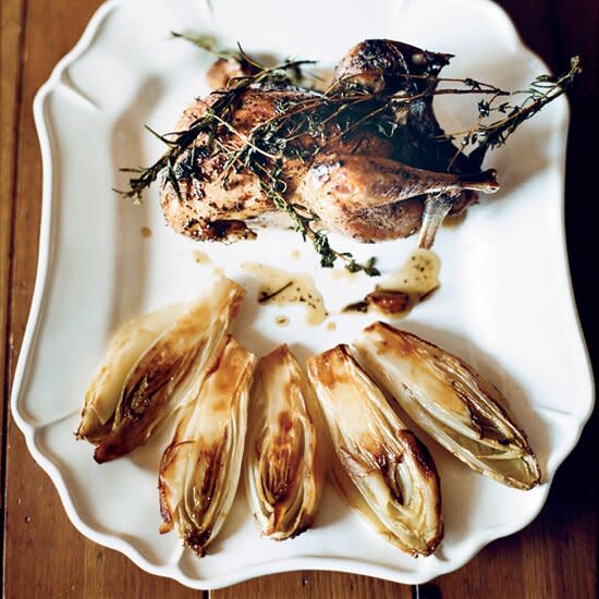 Herb-Roasted Pheasants with Endives and Horseradish Puree