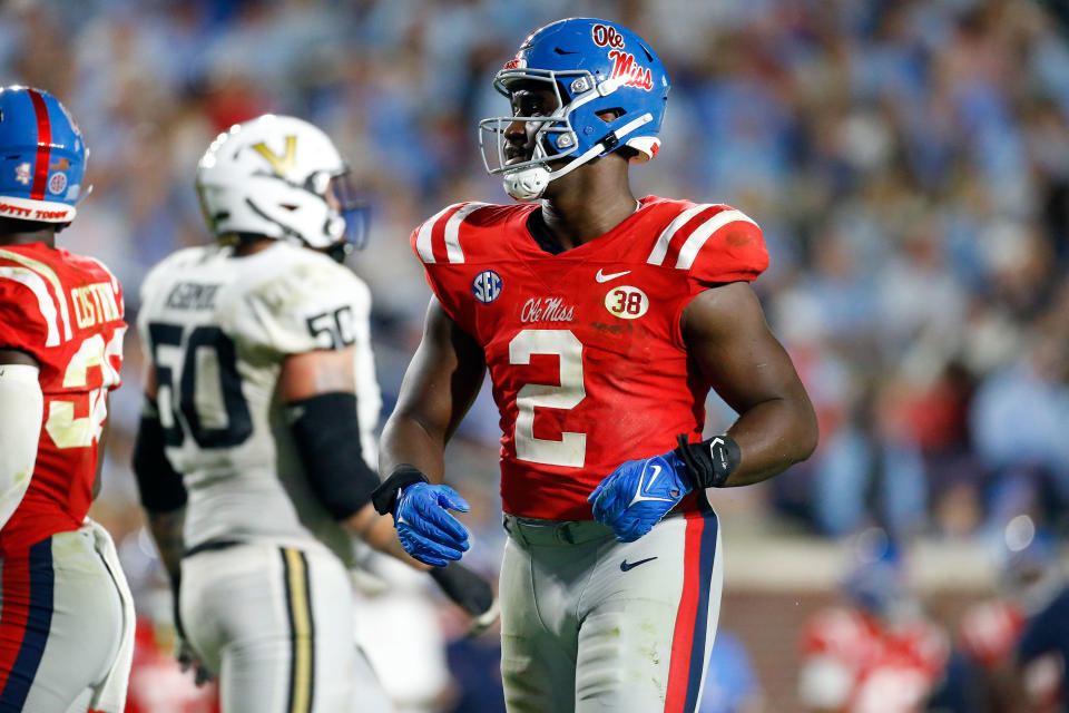 Oct 28, 2023; Oxford, Mississippi, USA; Mississippi Rebels defensive linemen Cedric Johnson (2) during the second half against the Vanderbilt Commodores at Vaught-Hemingway Stadium. Mandatory Credit: Petre Thomas-USA TODAY Sports